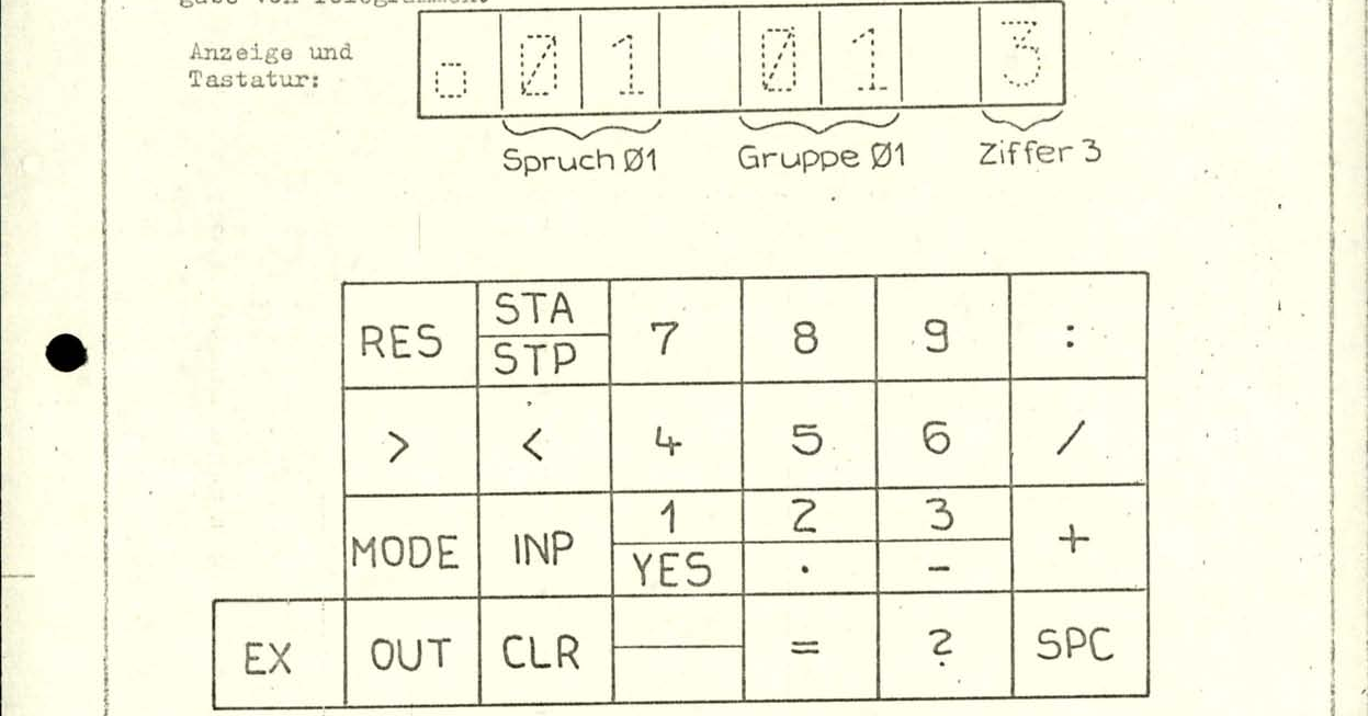 Technical drawing of display and keyboard: Display showing three groups of digits. Keyboard with numeric buttons, "RES", "STA/STP", "<", ">", "MODE", "INP", "EX", "OUT", "CLR" buttons.